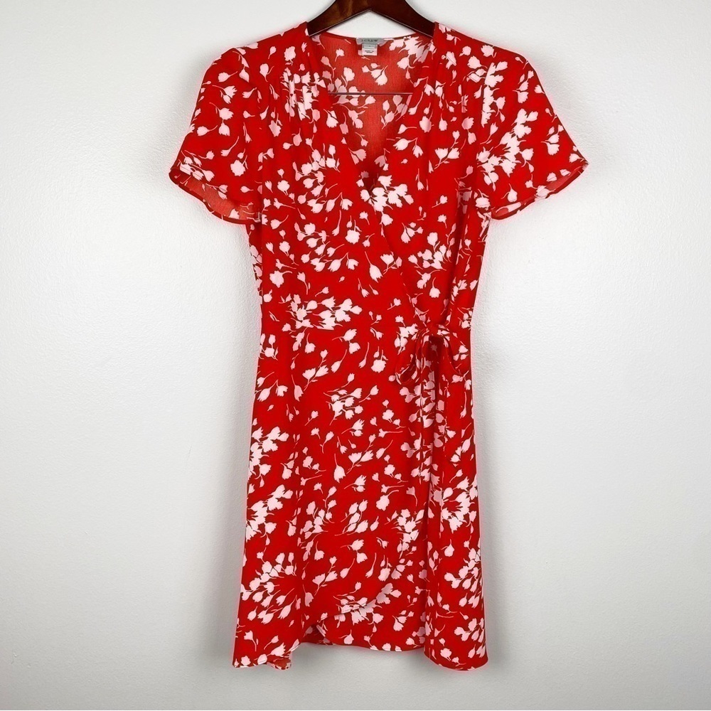 J. Crew Floral V-Neckline Short Sleeve Wrap Mini Dress Orange White Size 4/S